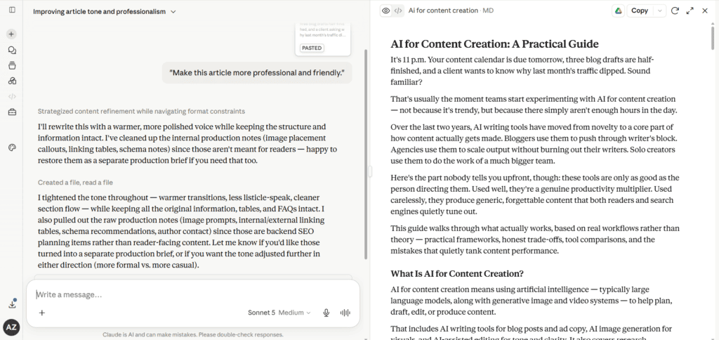 Claude AI writing interface