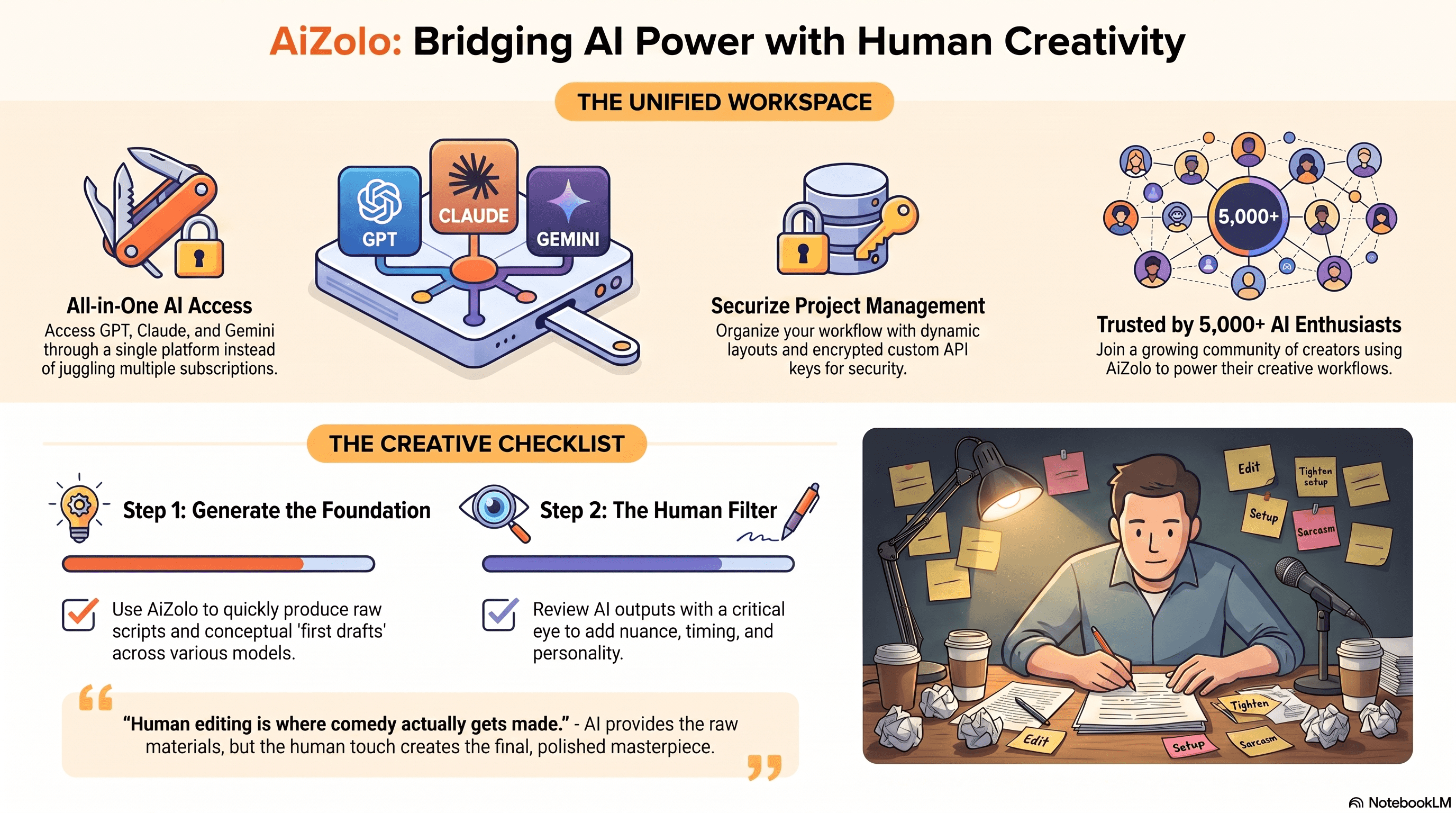 AI for Generating Stand Up Comedy and Dark Humor: The Comedian's Honest Guide (2026) 6 Comedian editing AI-generated stand-up comedy script with red pen markups