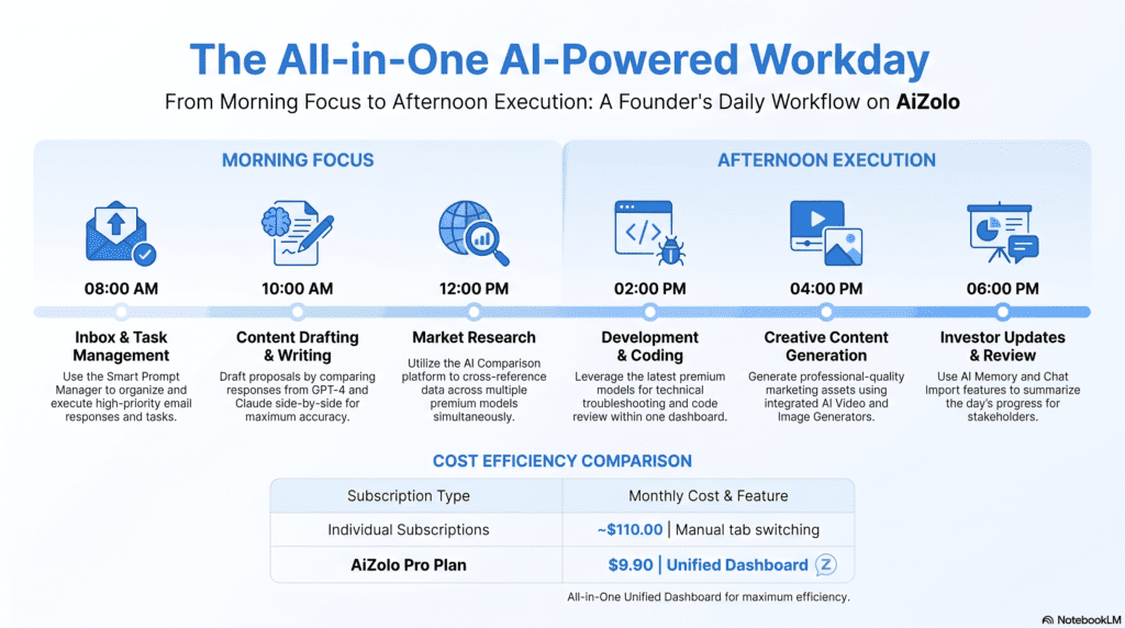 Startup founder daily workflow using a single affordable AI subscription platform