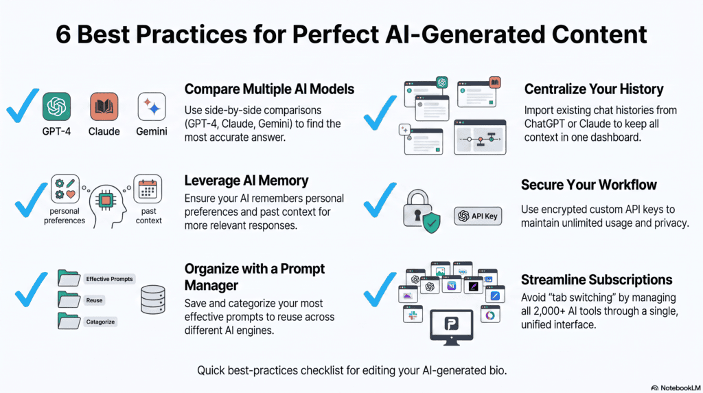 AI Bio Generator: The Complete Guide to Writing a Better Bio in Minutes 6 AI bio generator best practices checklist infographic