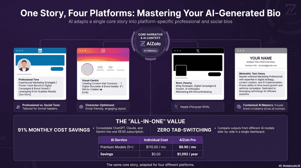AI Bio Generator: The Complete Guide to Writing a Better Bio in Minutes 4 AI bio generator examples across LinkedIn Instagram Twitter and resume