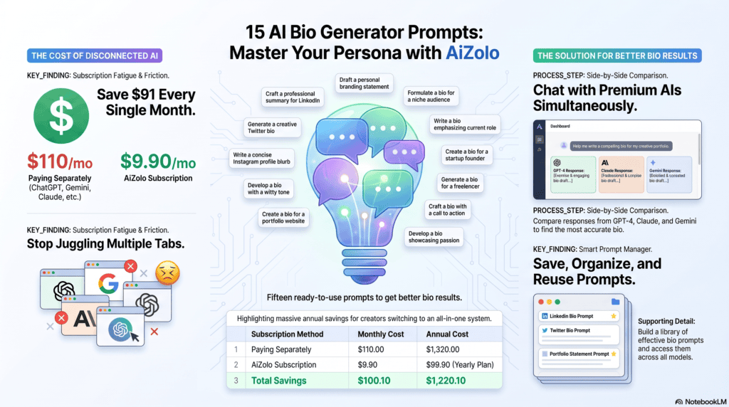 AI Bio Generator: The Complete Guide to Writing a Better Bio in Minutes 8 AI bio generator prompt ideas illustration