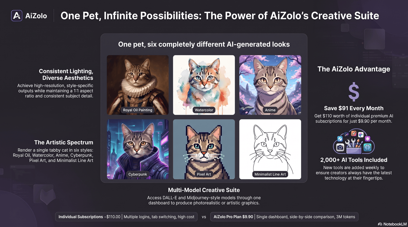 AI pet portrait generator style gallery showing cat in multiple art styles
