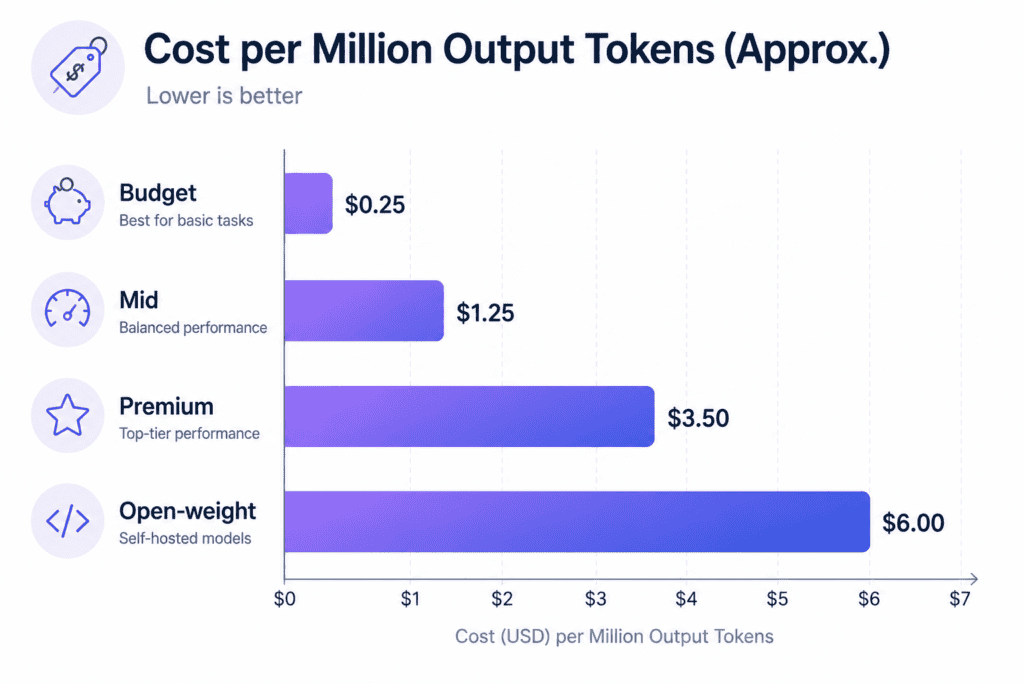 Bar chart comparing approximate AI API output token costs across budget, mid, premium, and open-weight model tiers