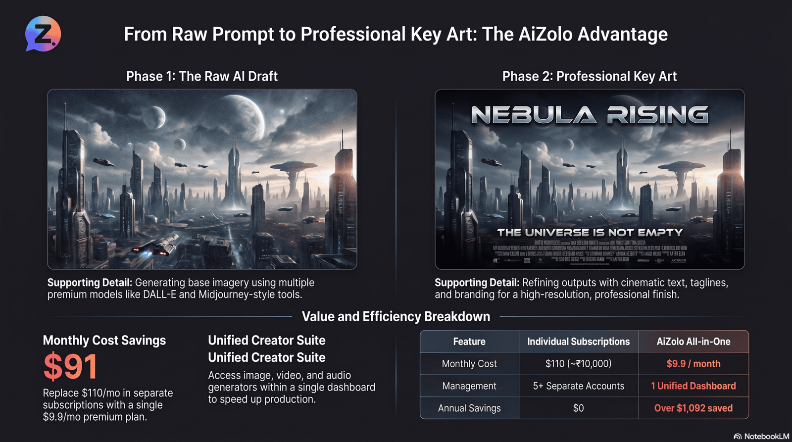 Before and after comparison of an AI movie poster generator draft and finished poster