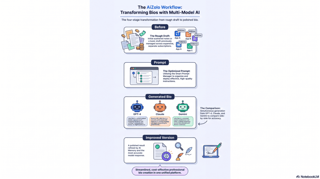 AI Bio Generator: The Complete Guide to Writing a Better Bio in Minutes 9 Before prompt generated and improved bio example diagram