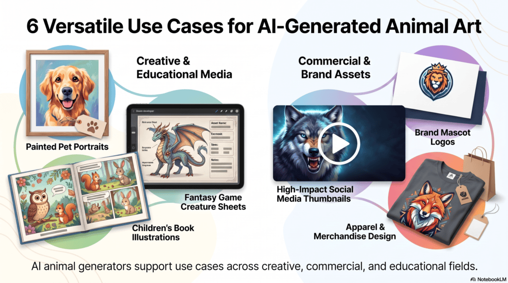 Collage of AI animal generator use cases including pet portraits and game assets
