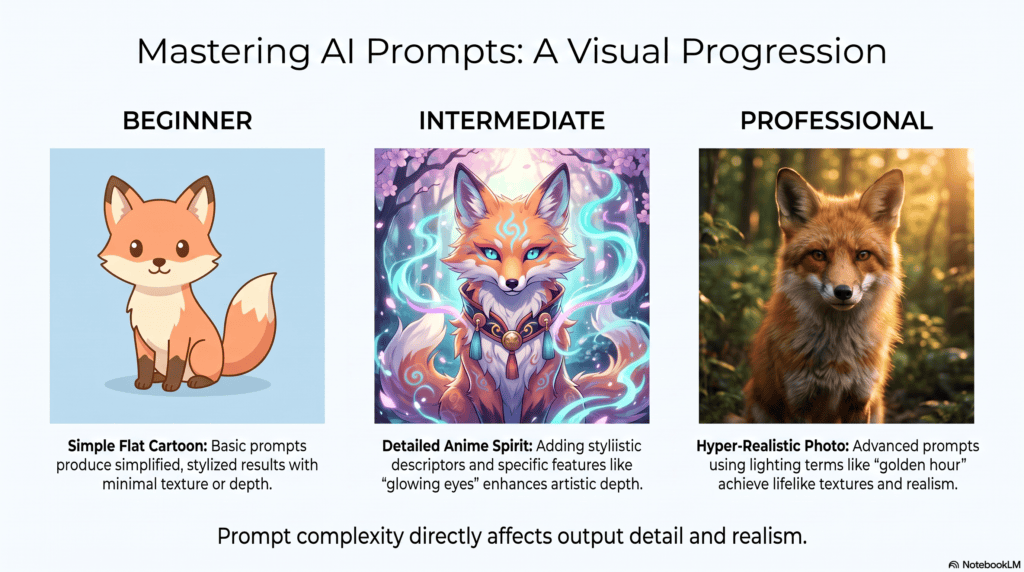Comparison of beginner, intermediate, and professional AI animal generator prompts