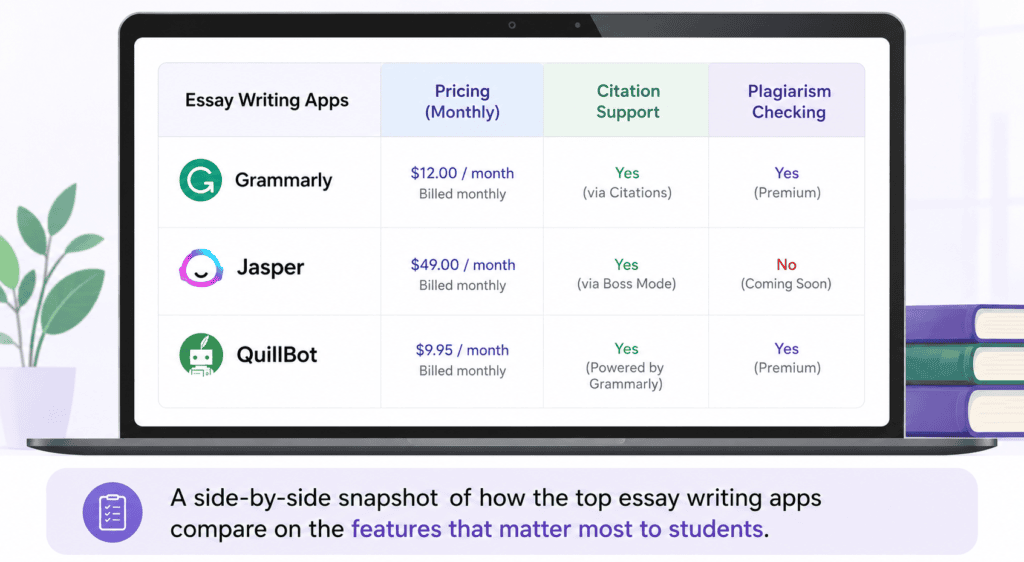 Comparison table of essay writing apps pricing and features