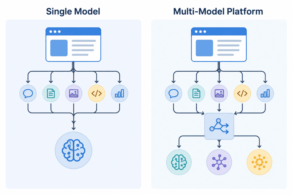 Diagram comparing single-model API architecture to multi-model AI platform architecture