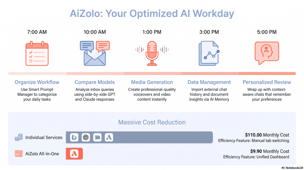 Diagram of a founder's daily workflow using AI productivity tools