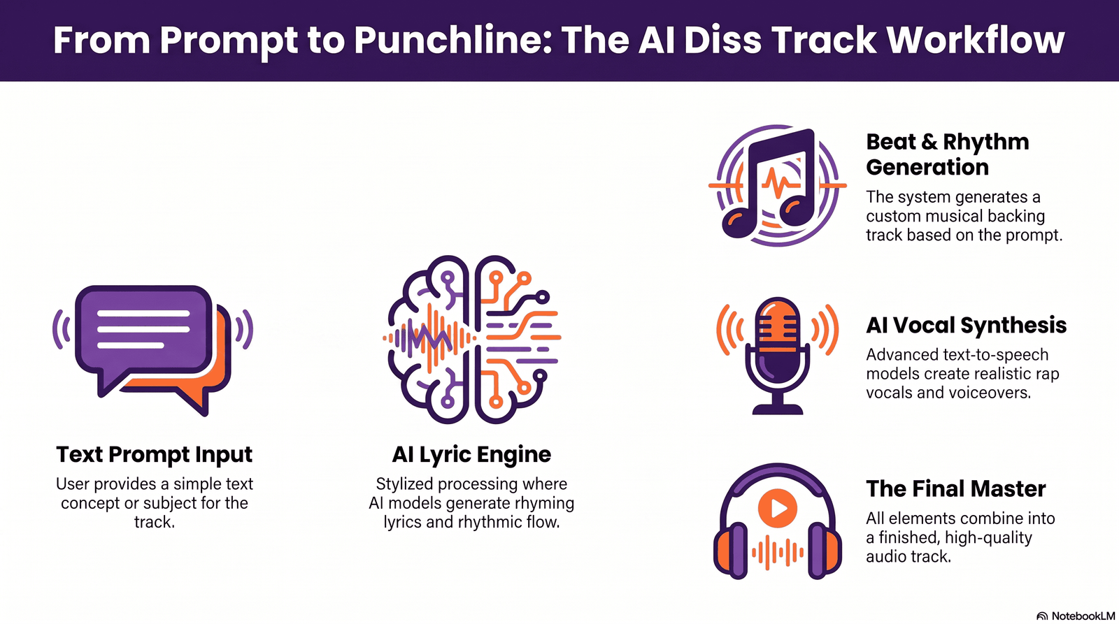 Diagram showing how an AI diss track generator converts a prompt into lyrics, a beat, and vocals.