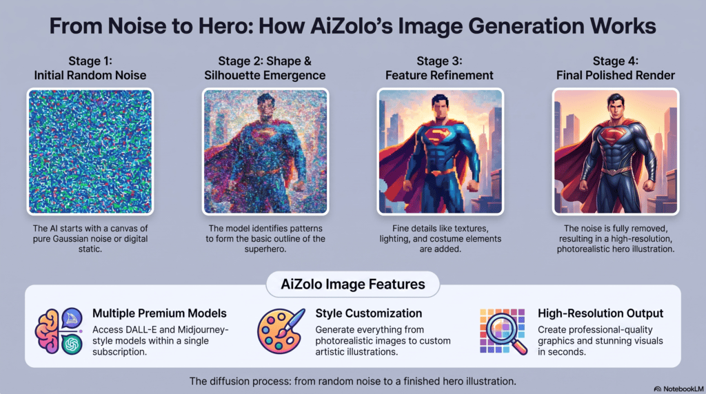 Diagram showing how diffusion models generate AI superhero art step by step