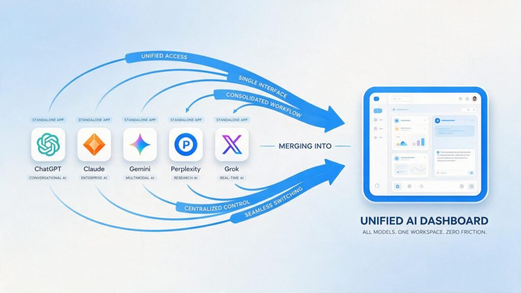 Diagram showing multiple AI chat apps merging into a single all in one ai chat dashboard.