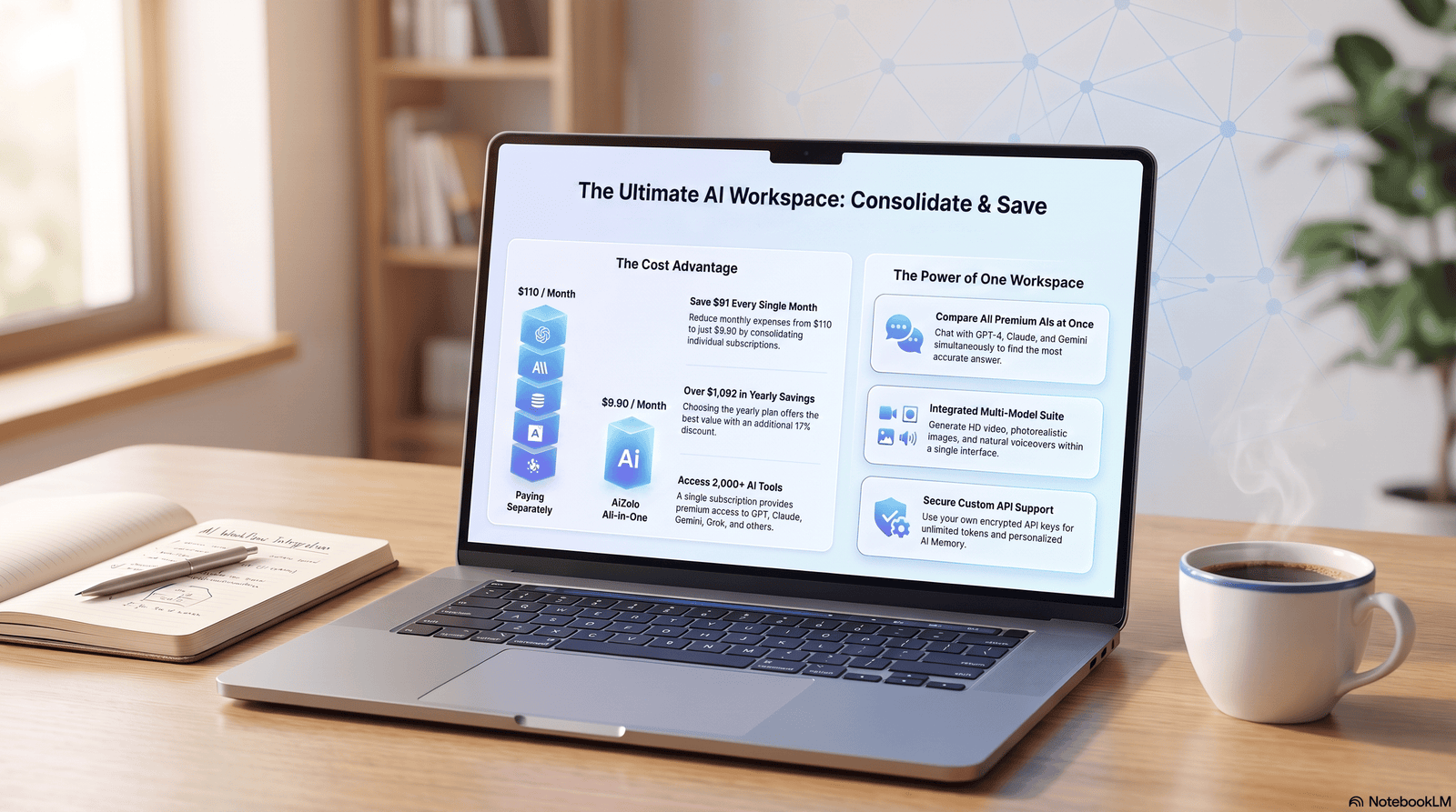 Entrepreneur's desk with laptop showing an AI productivity dashboard