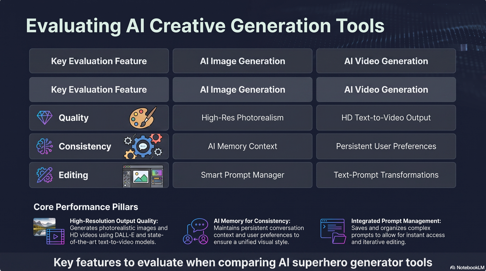 Feature comparison chart for AI superhero generator tools