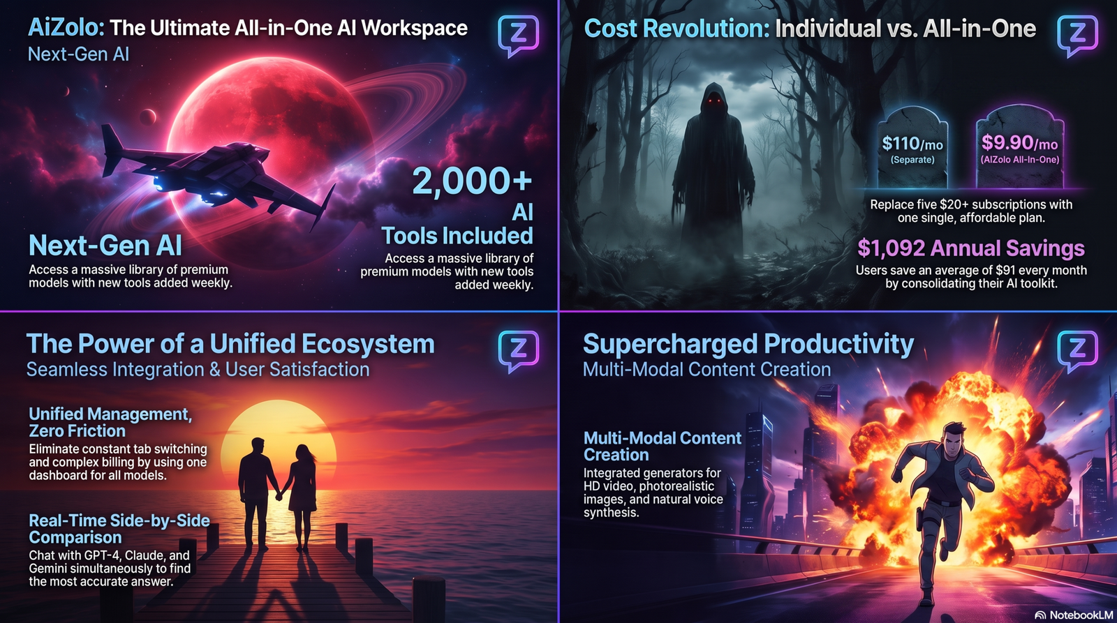 Four AI-generated movie poster examples across sci-fi, horror, romance, and action genres