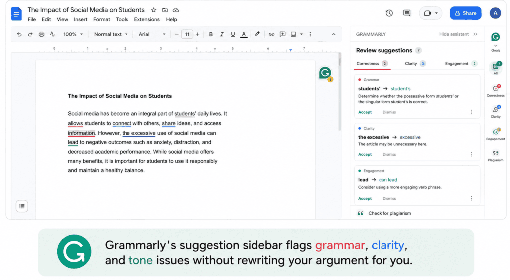 Grammarly grammar checker suggestions on an essay draft