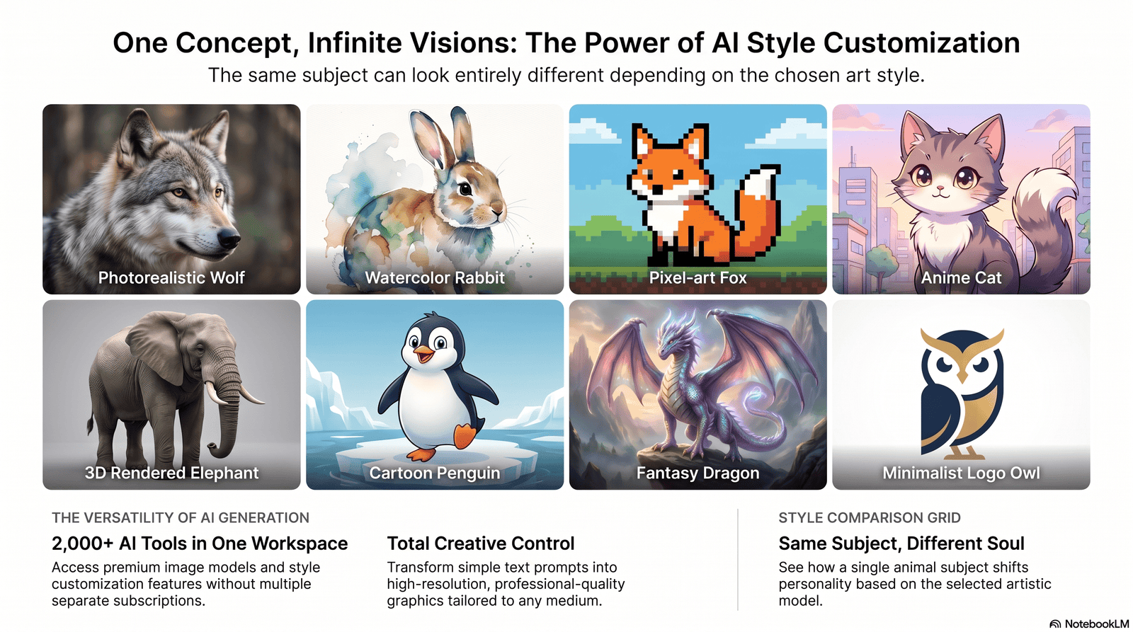 Grid comparison of animal art styles from an AI animal generator