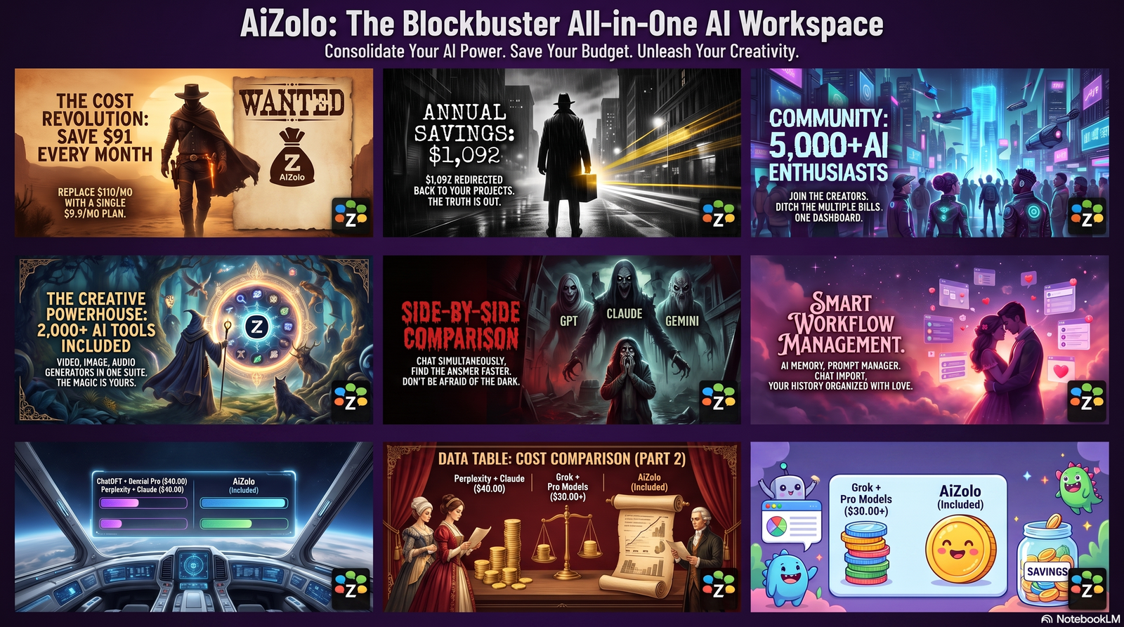 Grid of nine AI-generated movie poster styles across different genres