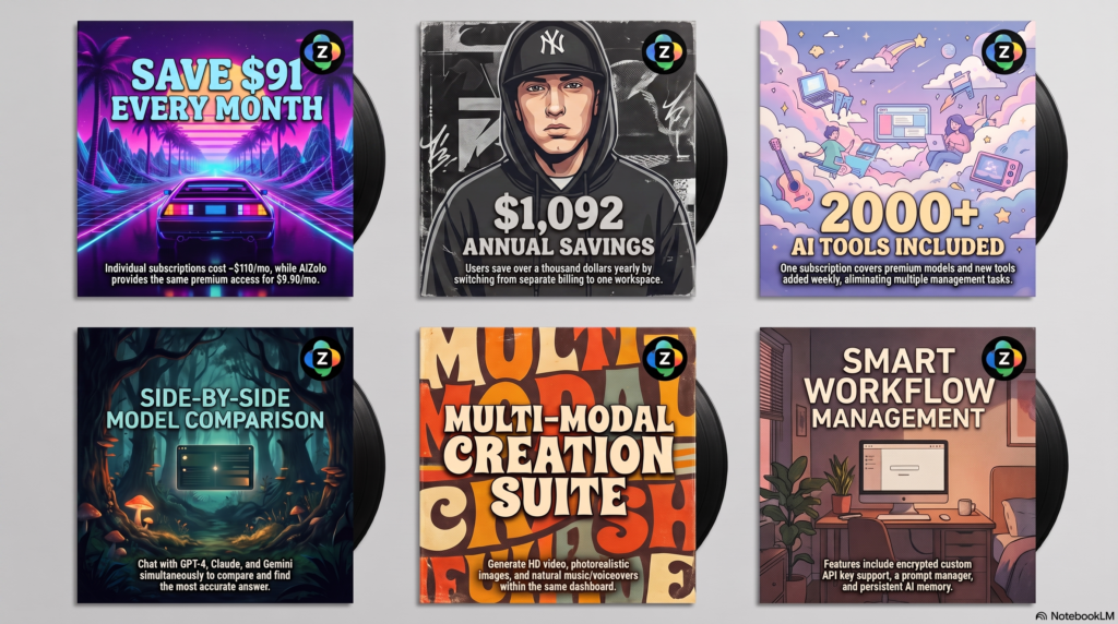 Grid of six AI-generated album cover art mockups in different music genre styles