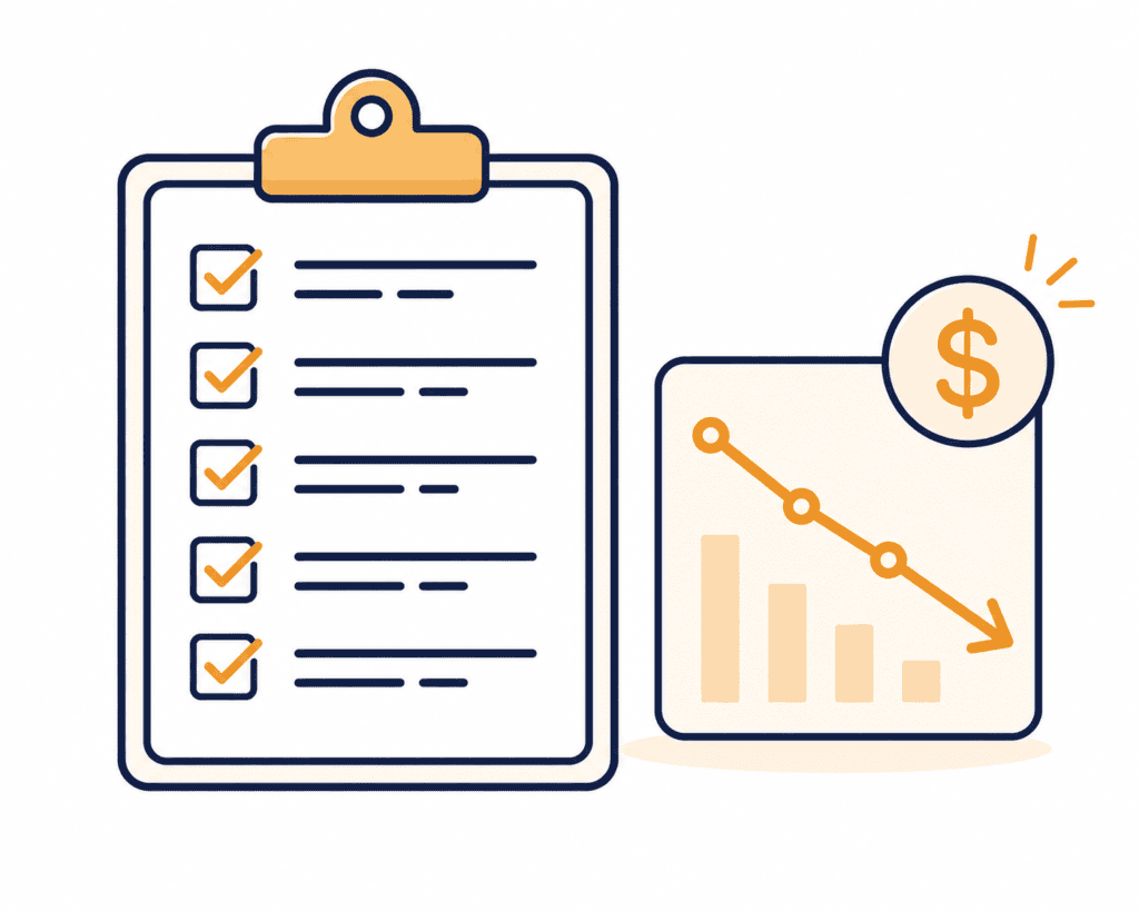 Illustration of a checklist and downward cost trend representing AI API cost optimization best practices