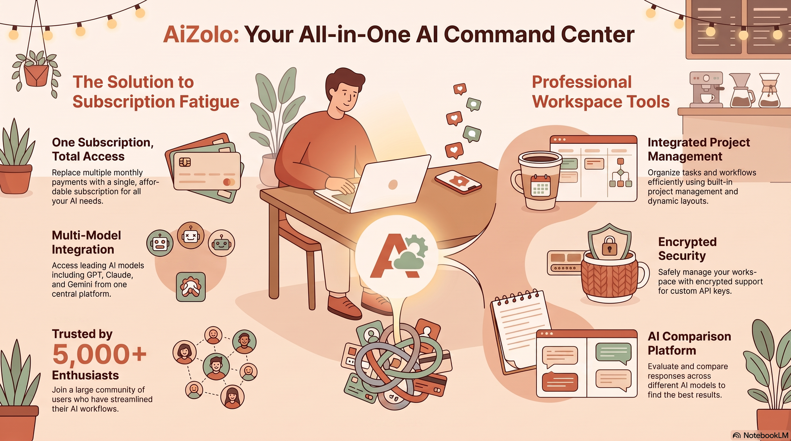 Illustration of a small business owner using an AI joke generator for social media captions