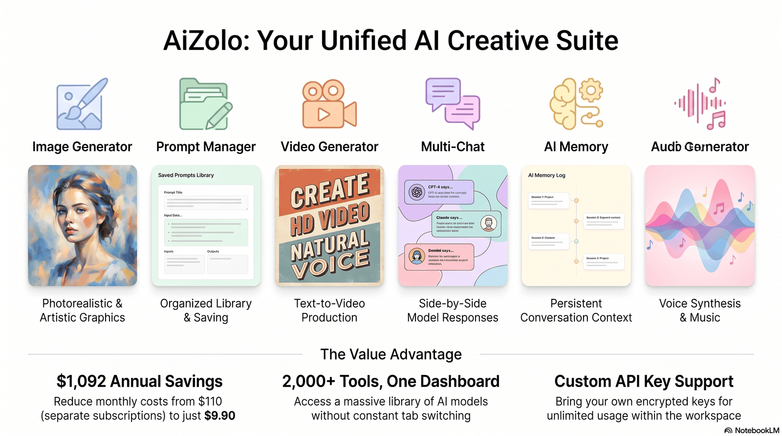 Infographic comparing six AI cover art generator tools and sample output styles