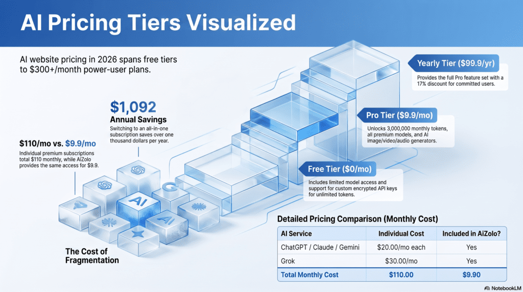  Infographic showing AI website pricing tiers from free to enterprise