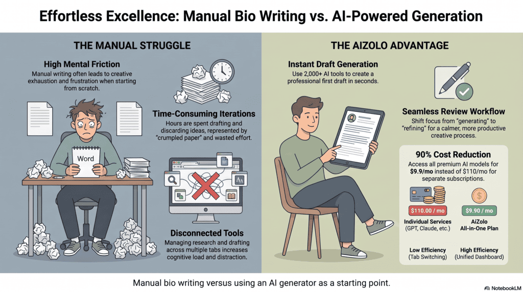 AI Bio Generator: The Complete Guide to Writing a Better Bio in Minutes 5 Manual bio writing versus AI bio generator comparison illustration