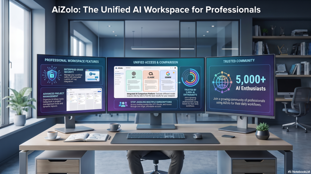 Professional using all in one AI models platform on multiple monitors for research and productivity