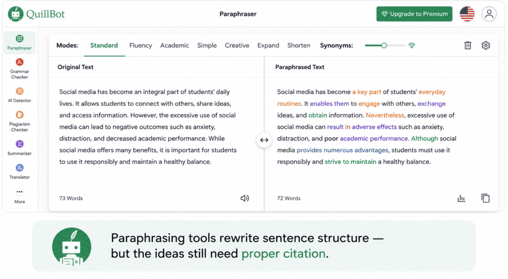 QuillBot paraphrasing tool interface comparing original and rewritten text