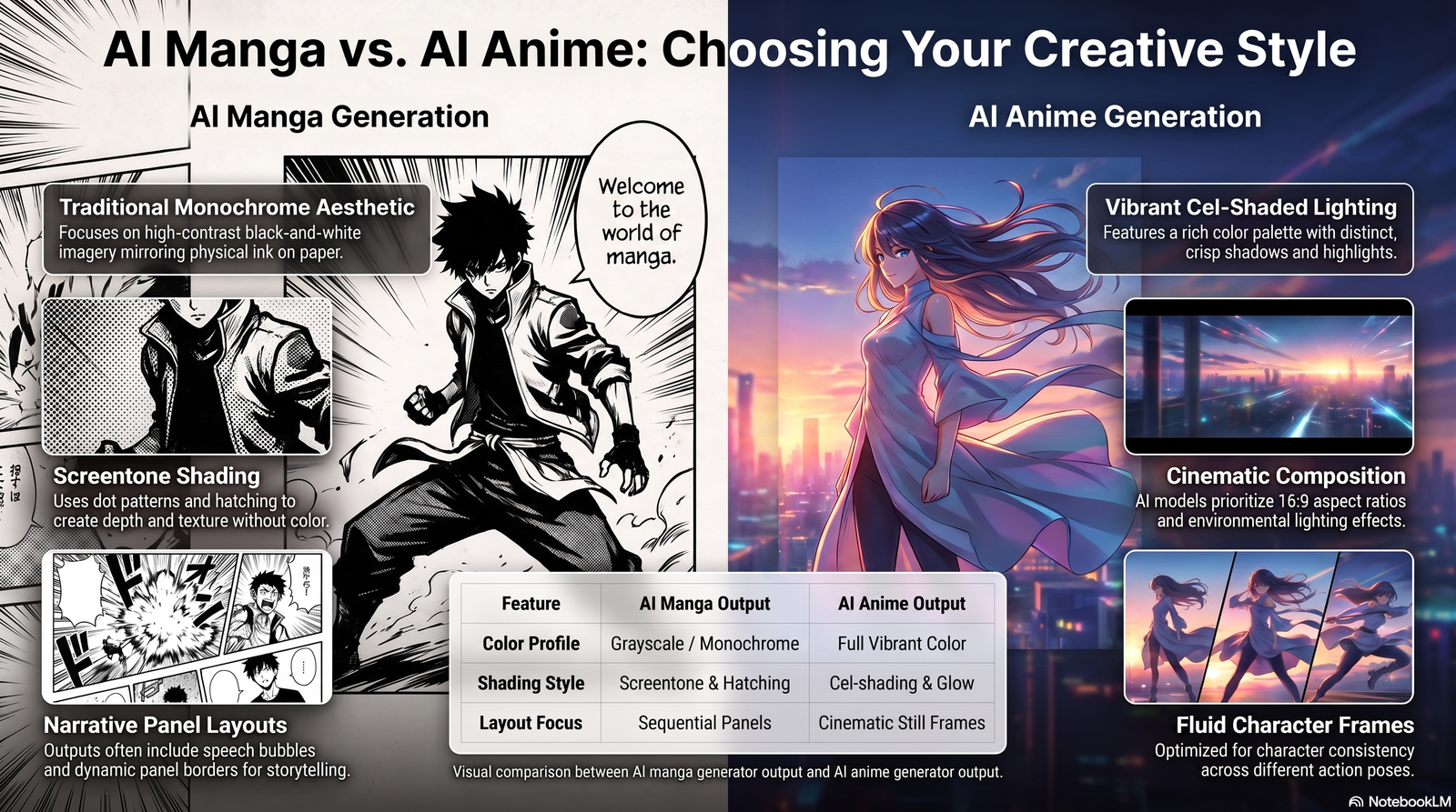 Side by side comparison of AI manga generator art versus AI anime generator art.