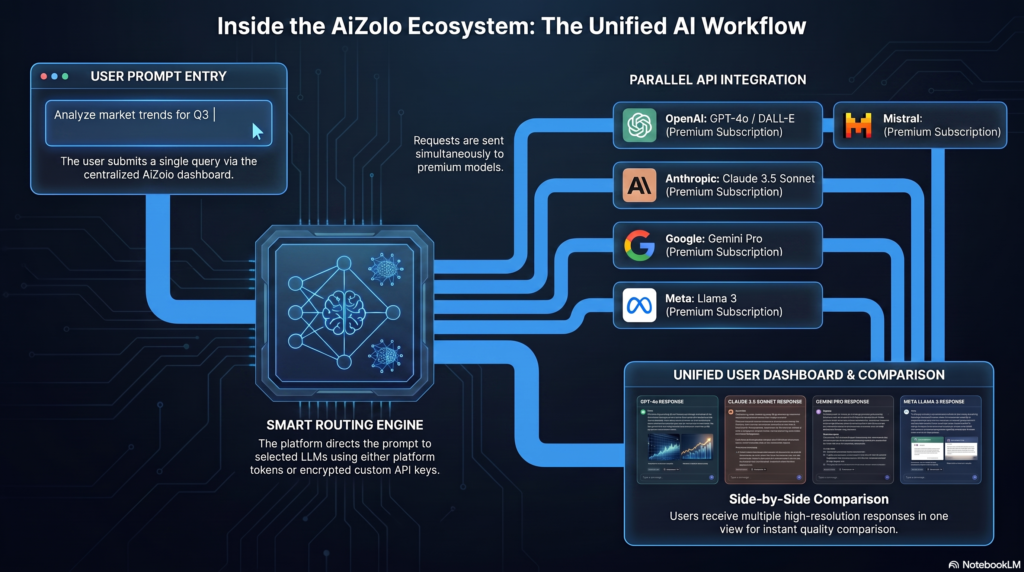 Side by side comparison of multiple all in one AI models answering the same prompt