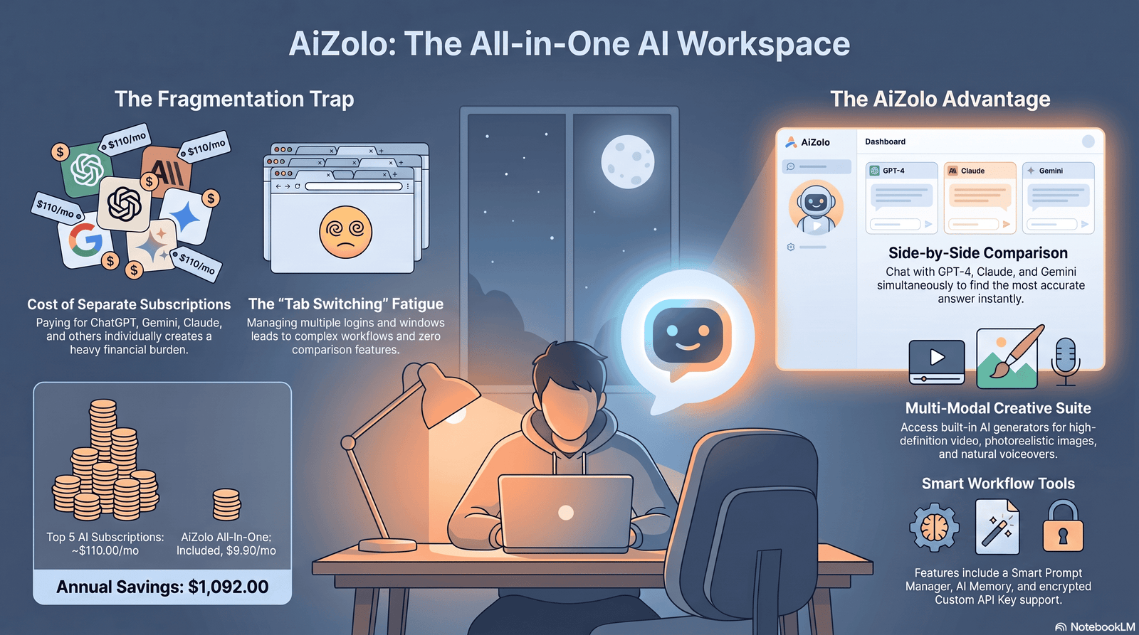 Student using an AI discussion post generator on a laptop at night