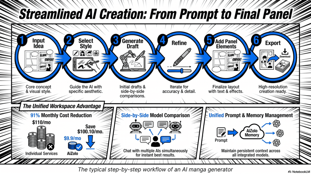 Workflow diagram showing six steps of using an AI manga generator from prompt to export.