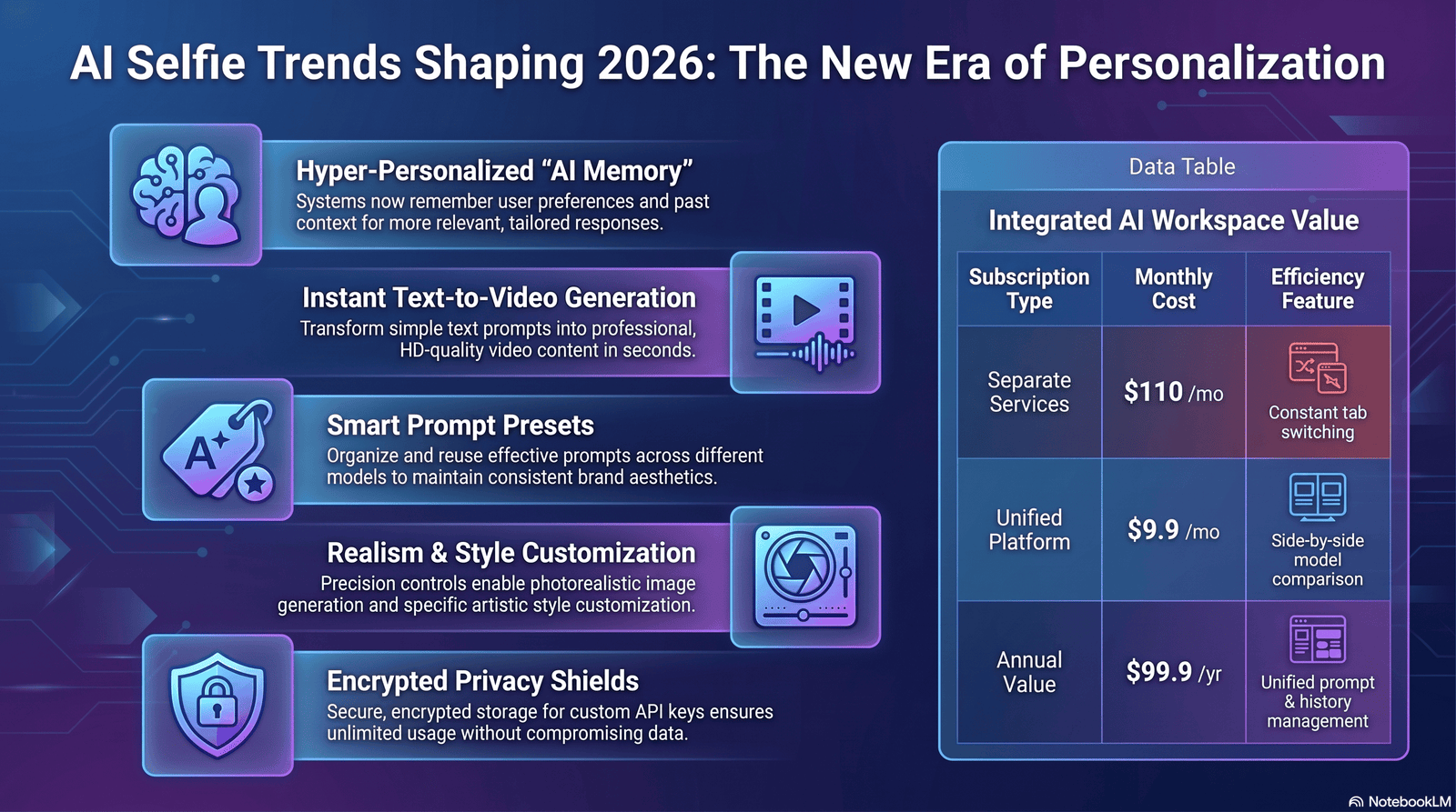 infographic showing five AI selfie generator trends for 2026
