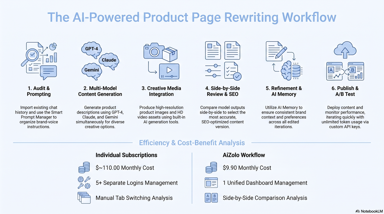 Checklist graphic showing signs that a product page needs AI-assisted rewriting