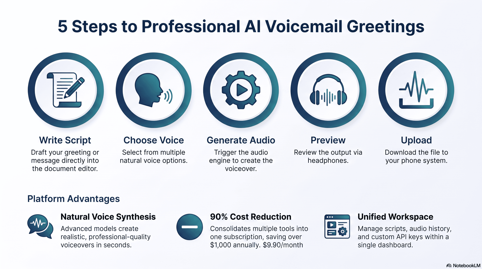Diagram showing the five-step AI voicemail generator workflow from script to upload