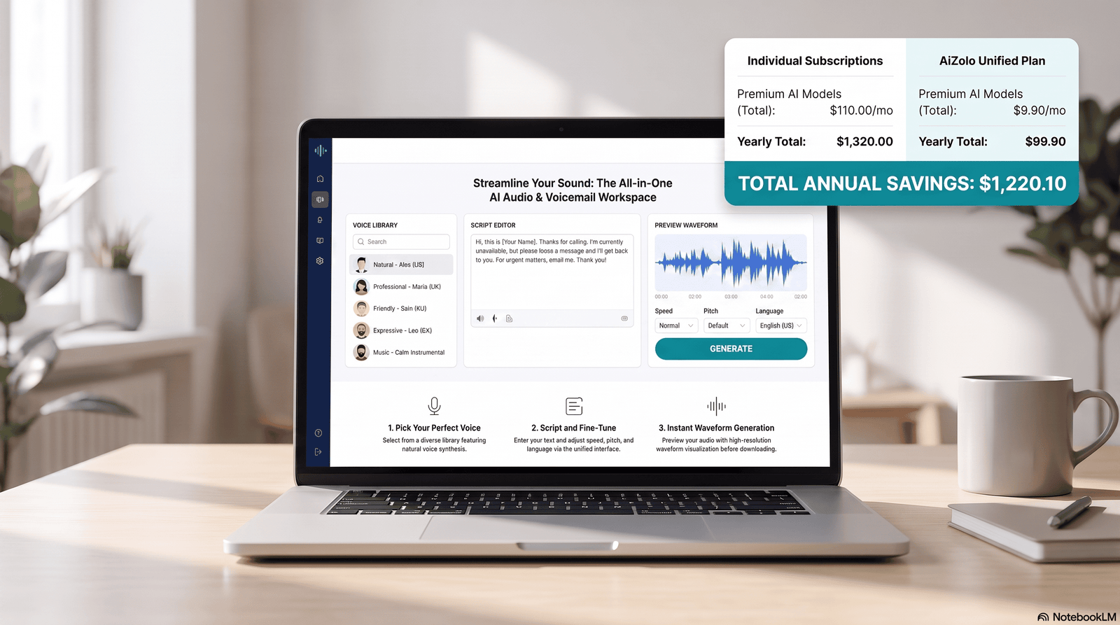 Laptop screen showing an AI voicemail generator dashboard with voice library and script editor 