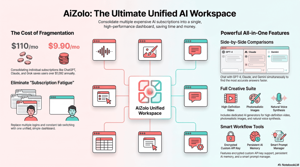 Diagram showing multiple AI tools consolidated into one ai workspace with unlimited chats and projects