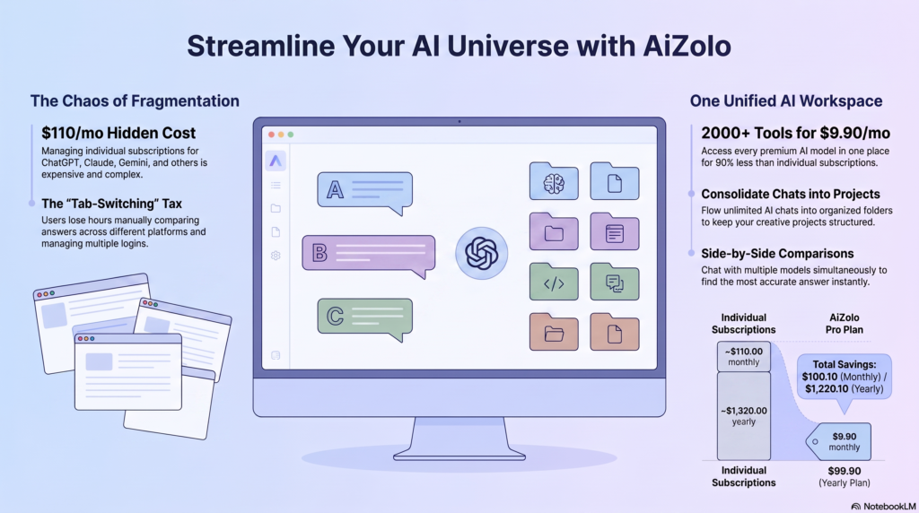 Illustration of an ai workspace with unlimited chats and projects consolidating multiple AI conversations into folders