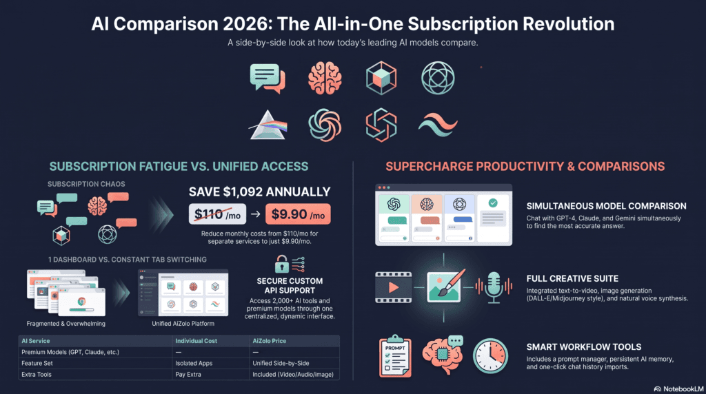 AI Comparison 2026 illustration showing multiple AI model icons side by side