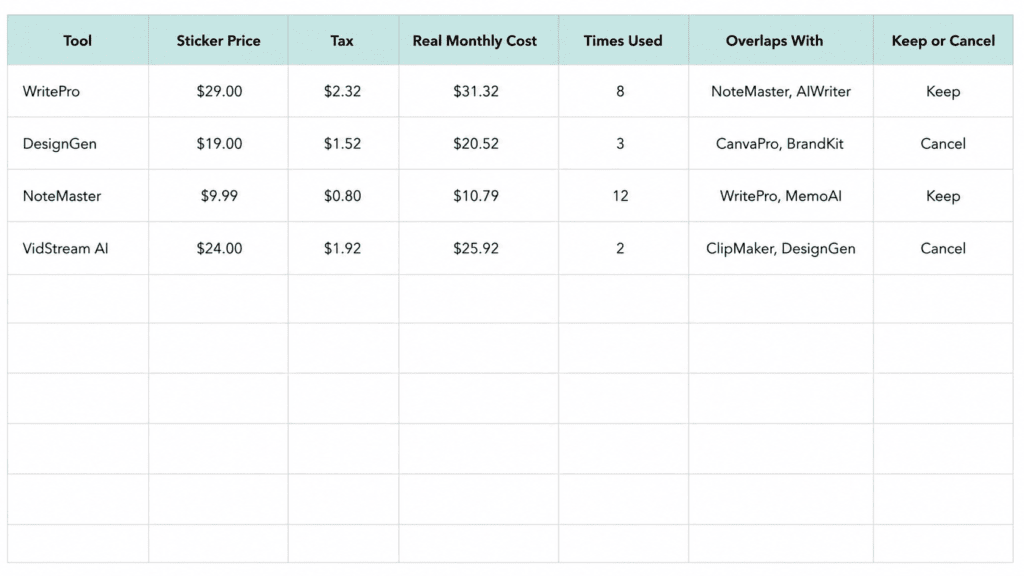 AI subscription audit spreadsheet template with columns for real monthly cost and usage frequency