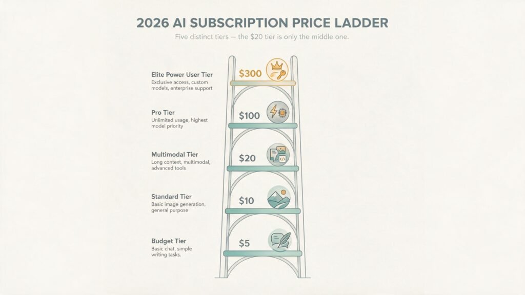 AI subscription price comparison table 2026 showing budget, standard and power-user pricing tiers