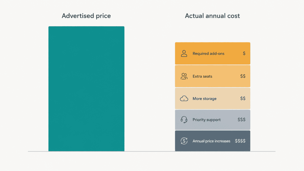 Advertised AI subscription price versus real annual cost including tax, conversion fees and add-ons