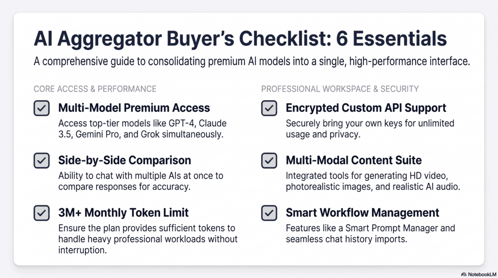Best AI Aggregator for 10 Million Token Context 6 Buyer's checklist infographic for choosing an AI aggregator with large context windows