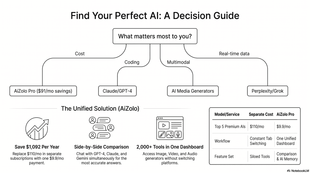 Decision tree flowchart for choosing an AI model based on priorities