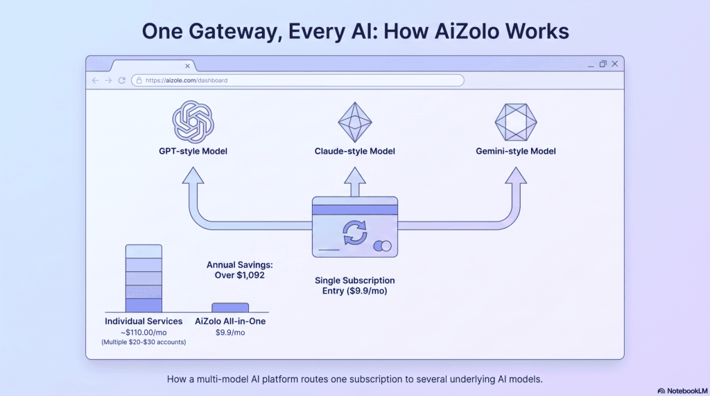 Diagram showing one AI subscription connecting to three different AI models through a single platform