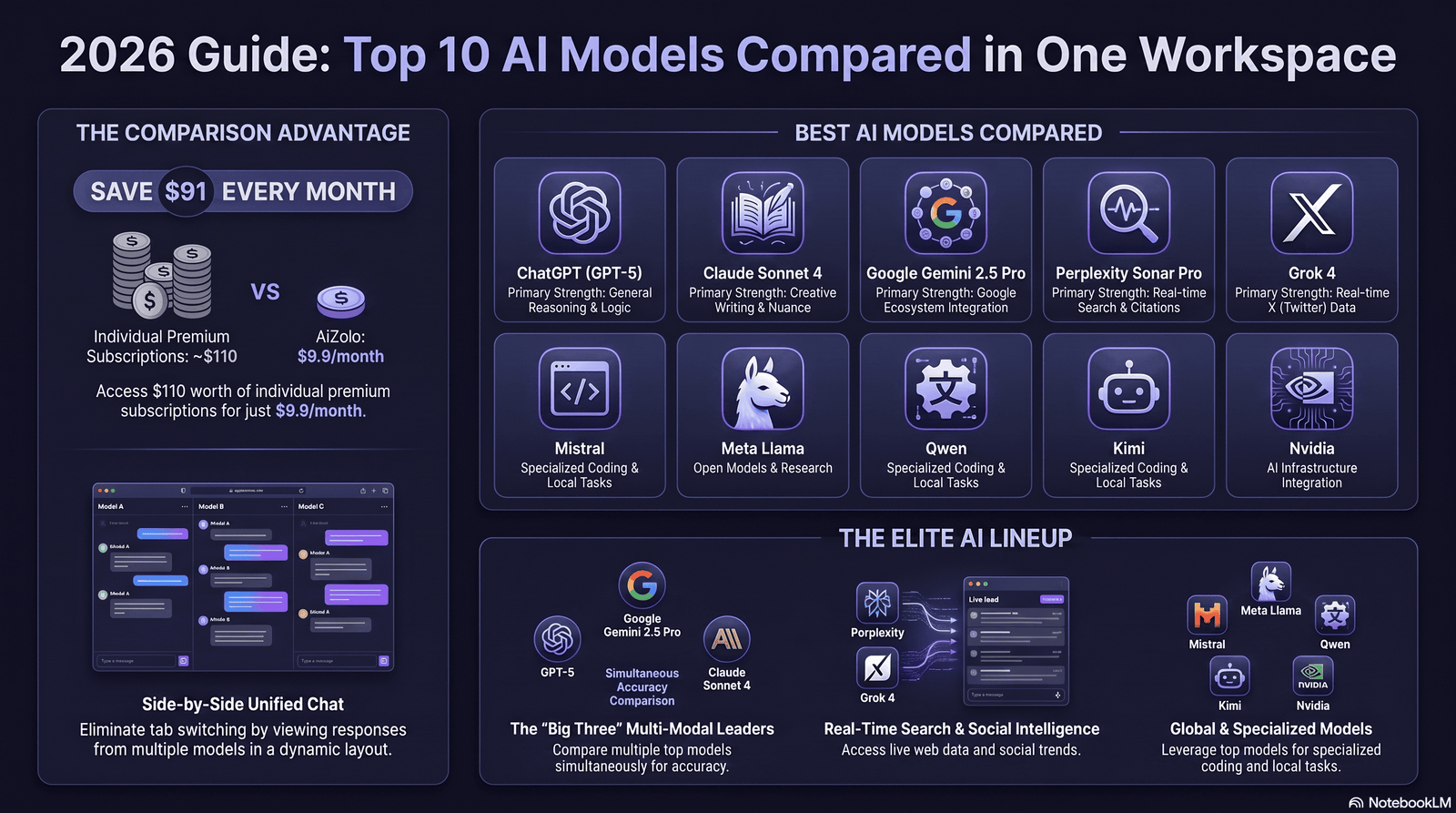 Grid of AI model icons compared in 2026 guide
